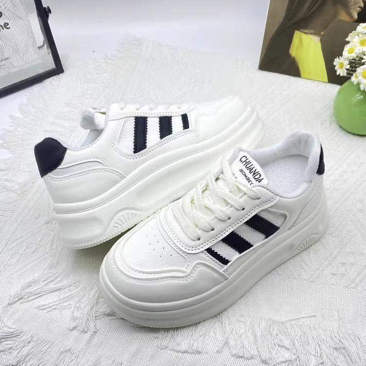 College Style Striped Little White Shoes Women's Shoes Popular 2025 Spring New Versatile Thick-soled Lightweight Casual Board Shoes