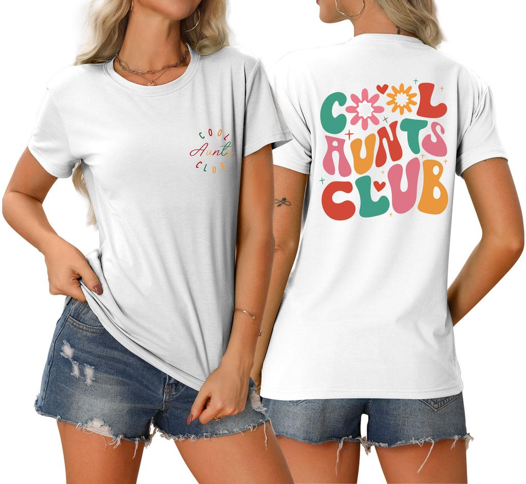 Summer new Womens round neck cool aunts club front and back printed Tshirt loose casual shortsleeved top with a stylish pullo