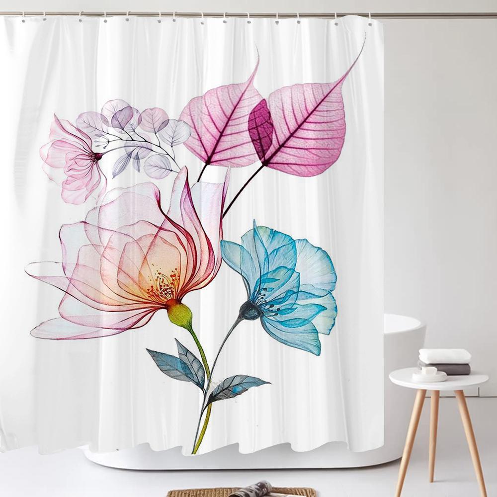 Watercolour Flower White Shower Curtain Simple Style 3D Plant Flowers Waterproof Polyester Bathroom Curtains Bath Screen Decor