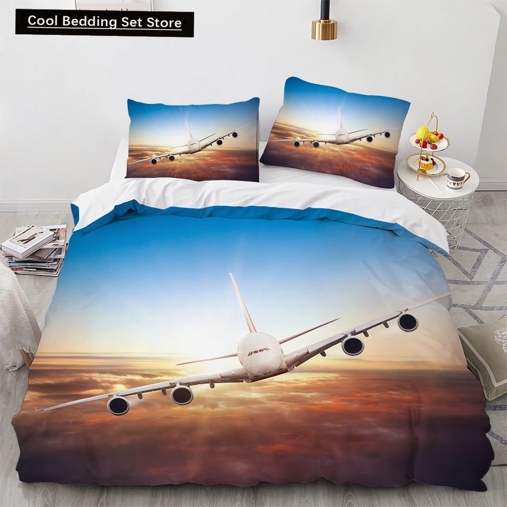 3D Airplane King Queen Duvet Cover Pink Airliner Bedding Set for Adults Sky Sea Natural Landscape 2/3pcs Polyester Quilt Cover