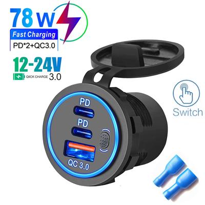 78W Podwójne gniazdo ładowarki samochodowej PD QC3.0 Akcesorium Wodoodporne Szybkie ładowanie 3.0 Gniazdo zasilania dla 12V/24V Motocykl Ciężarówka Łódź