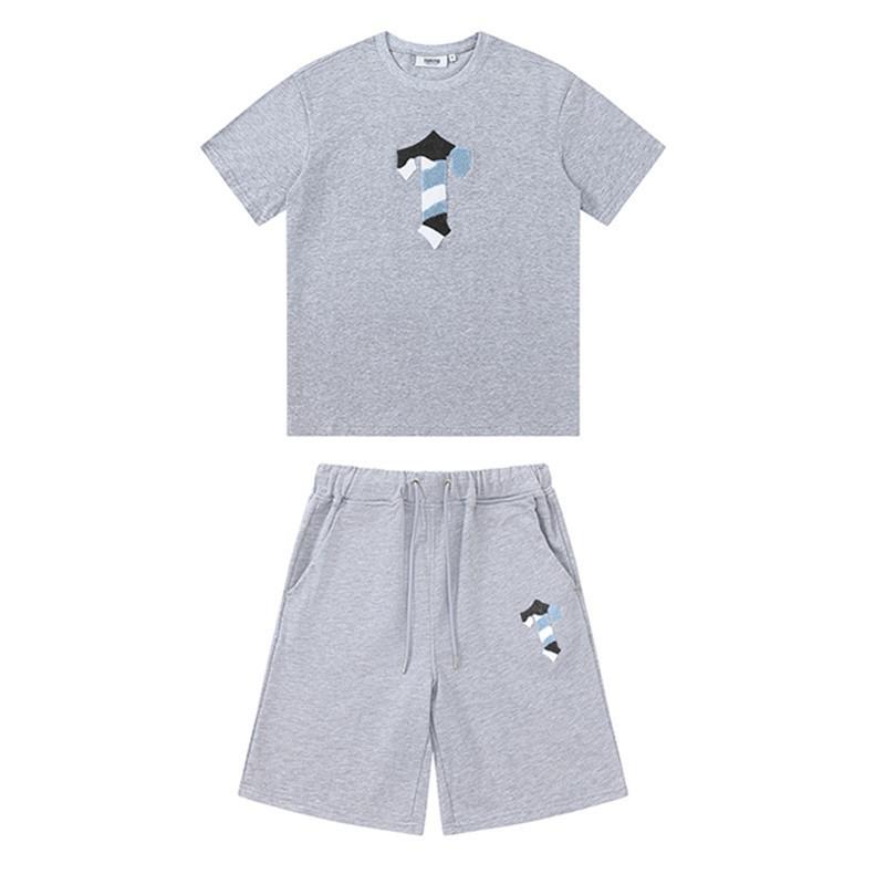 Mens Gradient Letter Embroidered Cotton Tee Shorts Set Streetwear Casual Outfit