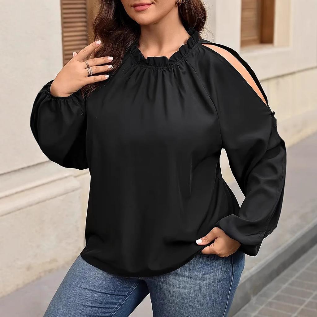 Plus Size Women's Shirt Solid Color Strapless Lantern Sleeve Tops Ruffle Blouse