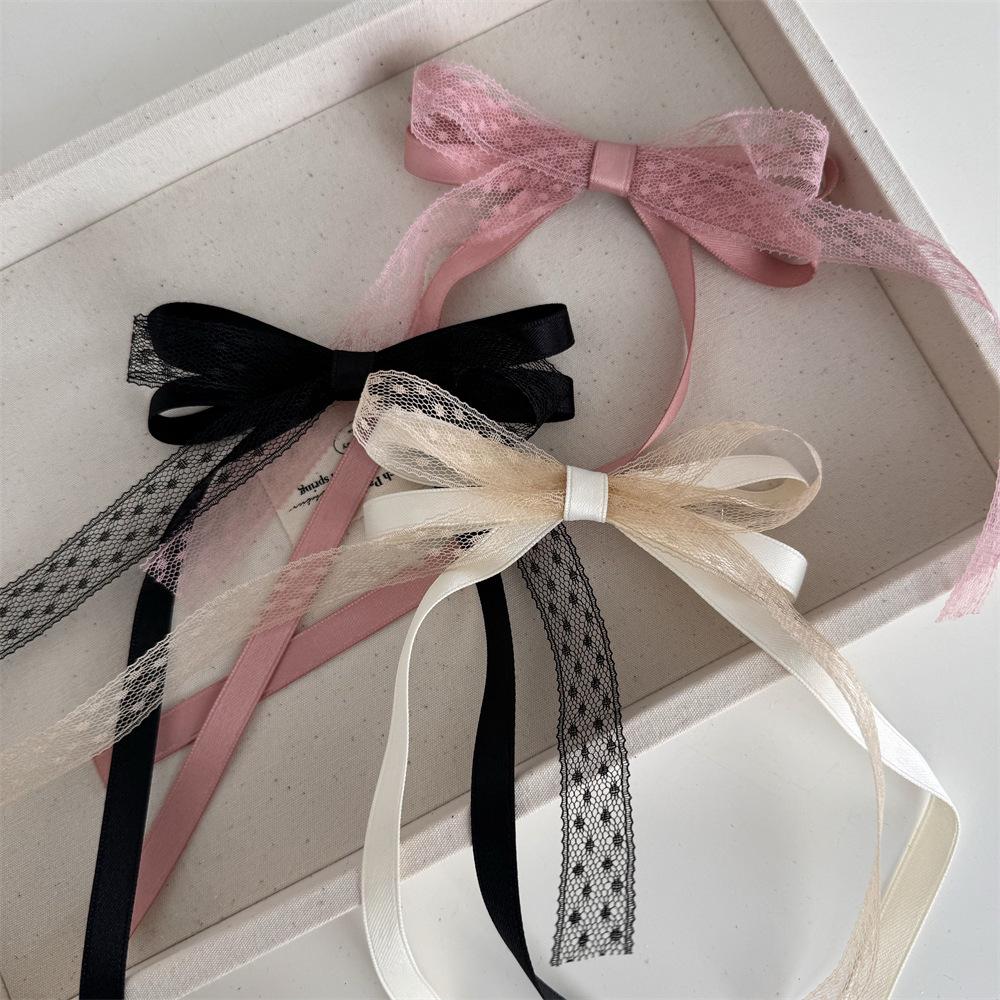 Korean Style Sweet Double-Layer Lace Hair Bow Clip with Long Flowing Ribbon