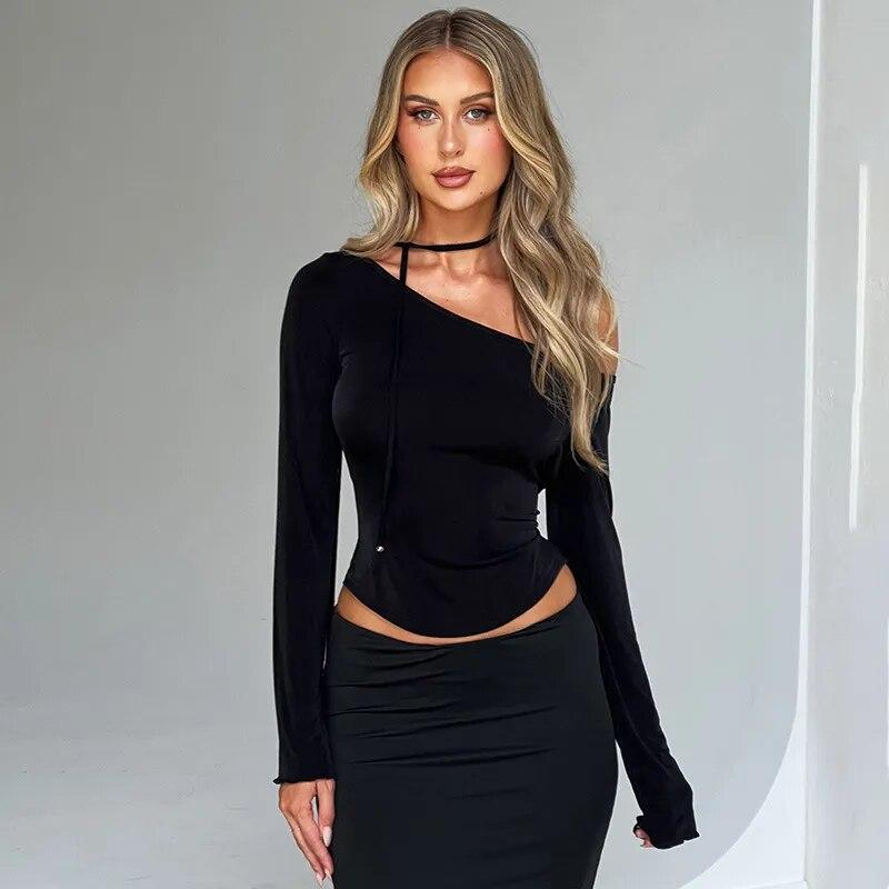 VAYLA Y2K Off Shoulder Long Sleeve Crop Top Women Sexy Slim Vintage Pink T Shirts Casual Outfits Streetwear Club