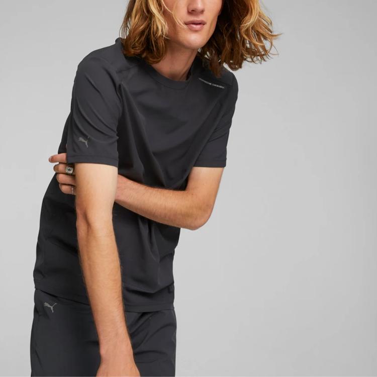 Puma Porsche Design Series Jednobarevné tričko s krátkým rukávem a logem závodního týmu s kulatým výstřihem Pánské topy Černé 536169-01