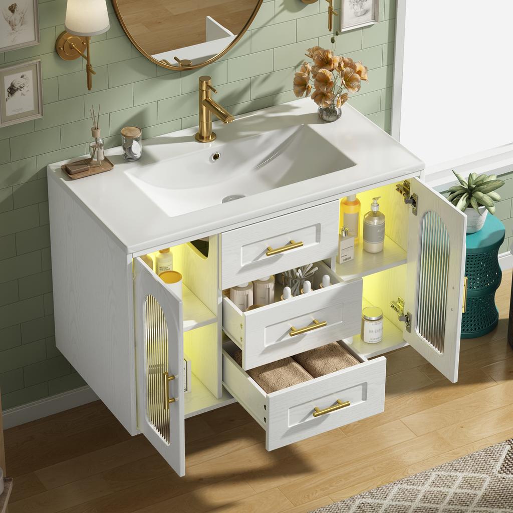 76cm Wall-Mounted Bathroom Cabinet with Sink, White Wood Grain, Fluted Glass Door, LED Lighting, Adjustable Shelves & Drawers, Without Tap