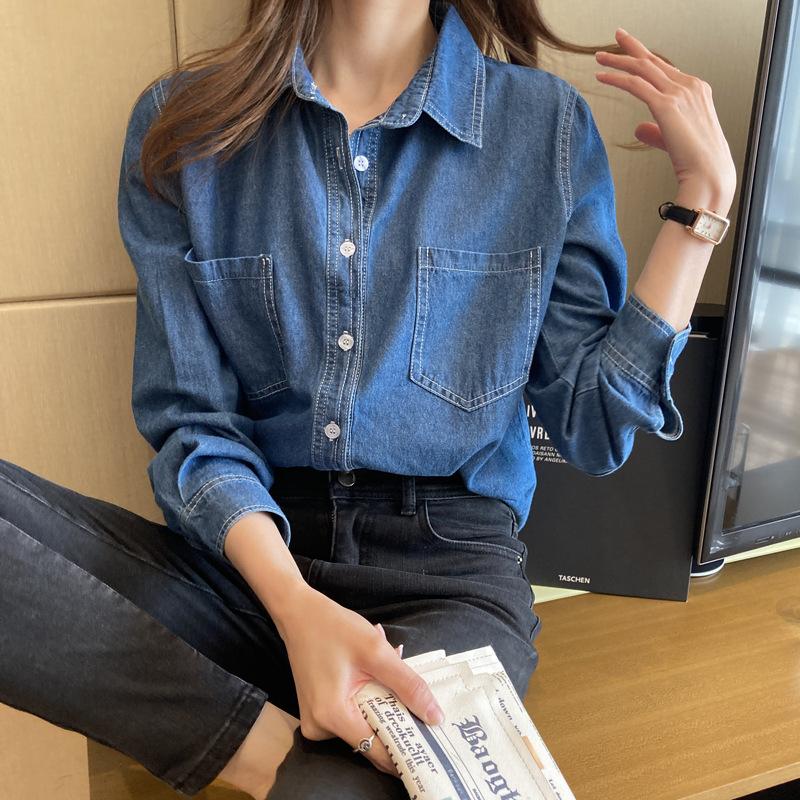 Hong Kong Style Blue Denim Shirt Jacket Women's Spring and Autumn 1116 New Casual Loose Top Long Sleeve Shirt Thin