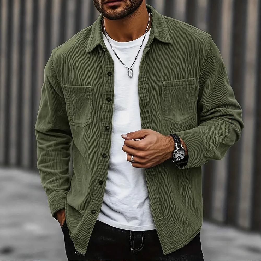 Men Corduroy Shirt Long Sleeve Plaid Solid Color Wrinkle Free Business Casual Slim Fit Top