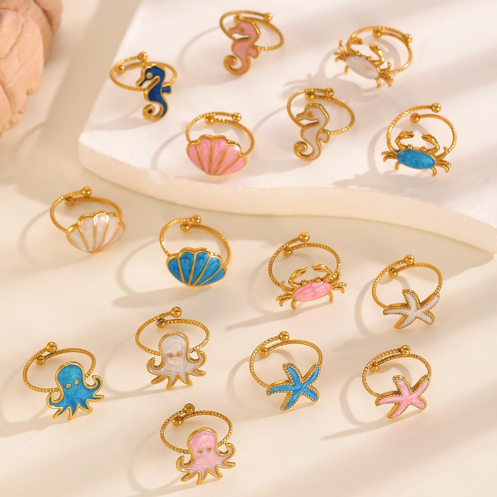 2026 Neuer Verstellbarer Öffnungsring Tropföl Super Süß Meereswind Meerestier Edelstahl Serie Ring