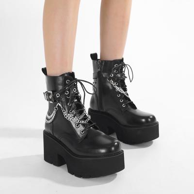 Moderne Stiefel Damenschuhe Gothic Metalldekoration Schwarze Stiefel Damen Absatz Sexy Kette Klobiger Absatz Plateau Schuhe Reißverschluss