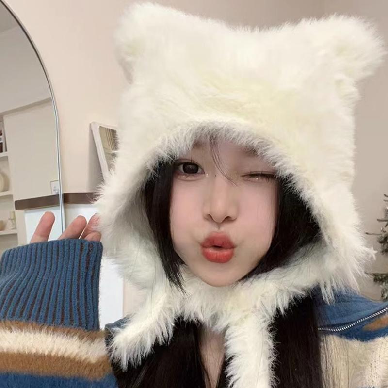 Winter Warm Plush Hat for Women Funny Bear Ear Hat Hooded Skull Hat Outdoor Activity Cap Windproof Headwear Pullover Hat