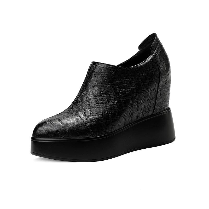 Genuine leather 10cm inner height increase single shoes 2025 new waterproof table splicing embossed sheepskin versatile comfortable deep mouth singl