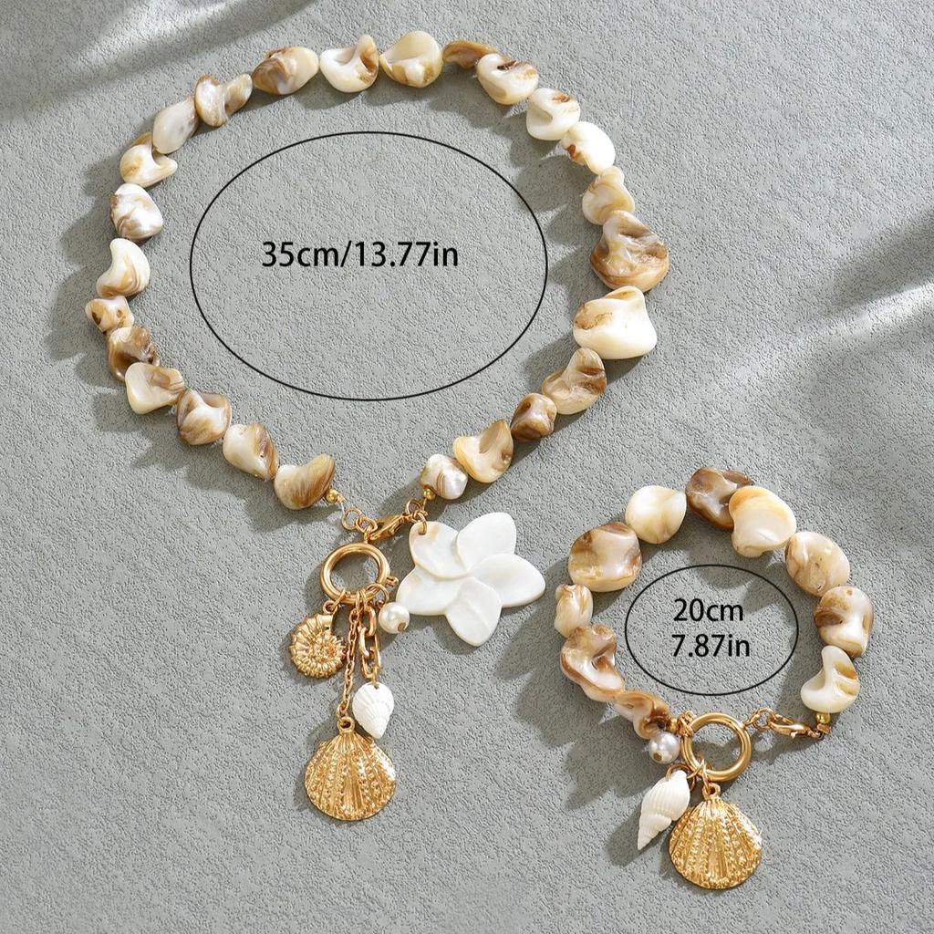 Collier Bracelet Perles Coquillages Style Bohème Vintage Breloque Coquillage Bijoux Cadeau Vacances d'Été Plage pour Femmes