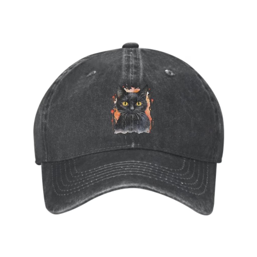 Black Cat Portrait Washed Baseball Cap Unisex Cotton Adjustable Outdoor Trucker Hat