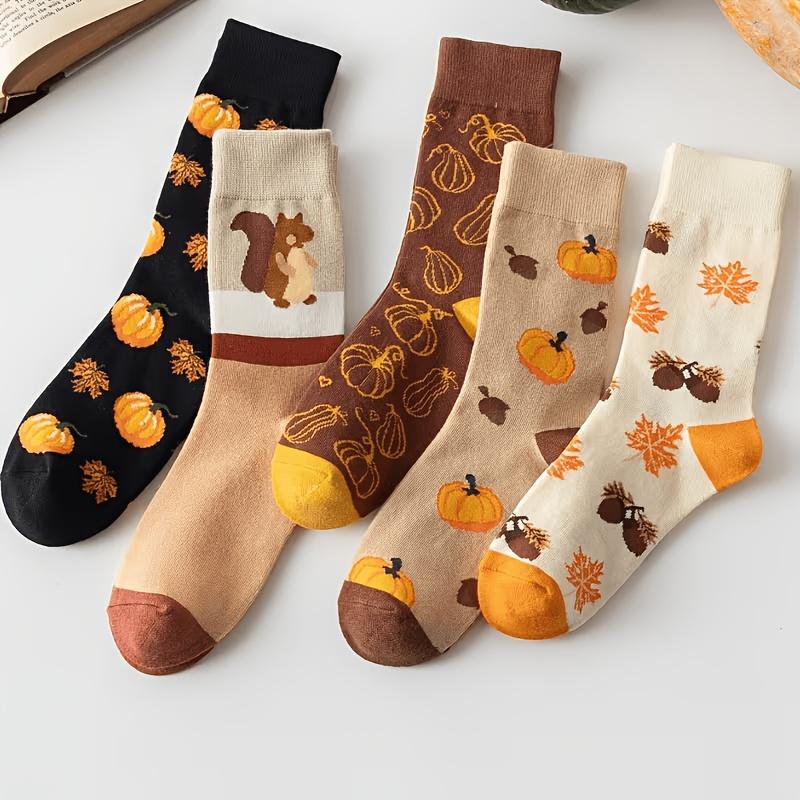 5 Pairs Of Random Halloween And Thanksgiving Turkey And Pumpkin Women's Mid-Calf Socks