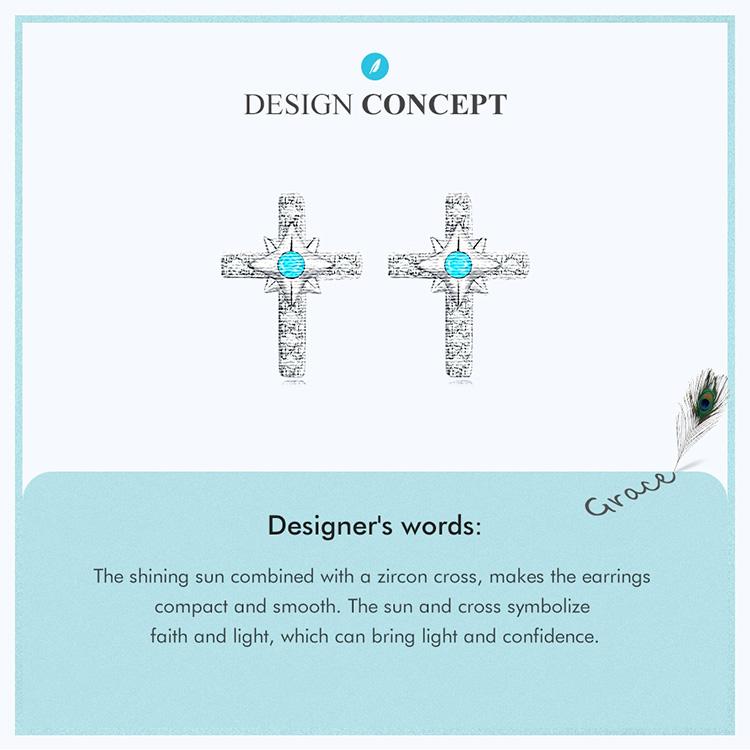 WOSTU Authentic 925 Sterling Silver Bright Cross Stud Earrings for Women Fine Turquoise Jewelry Wedding Aniversary Gift