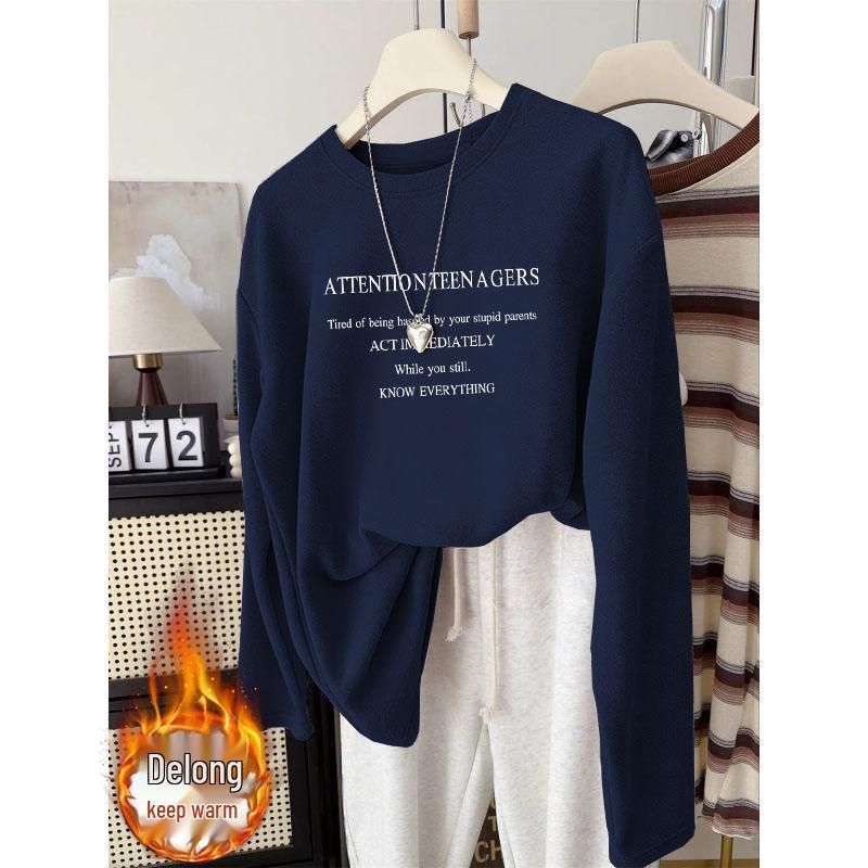 

Trendy Korean-Style Plus-Size Fleece T-Shirt: Cozy, Long-Sleeved, Round Neck for Autumn/Winter XL (115-130 kg)