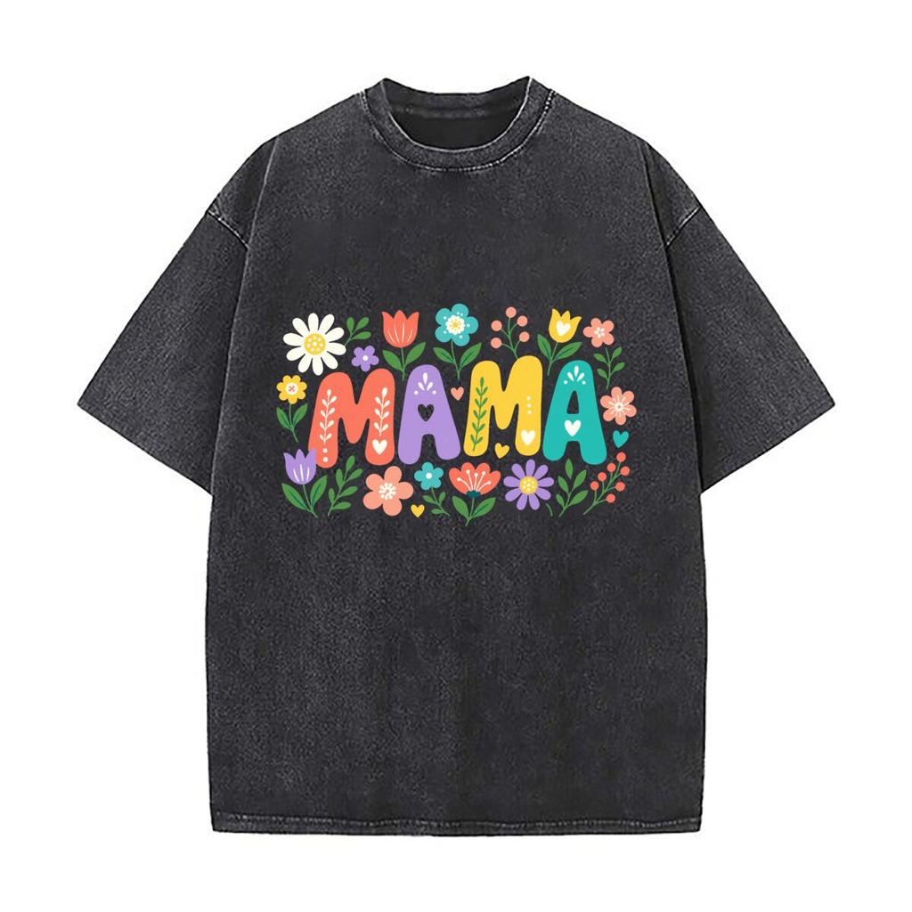 Playful Mama Wildflower Lettering Ar Loose Solid Distressed T Shirt American Casual Crew Neck Top