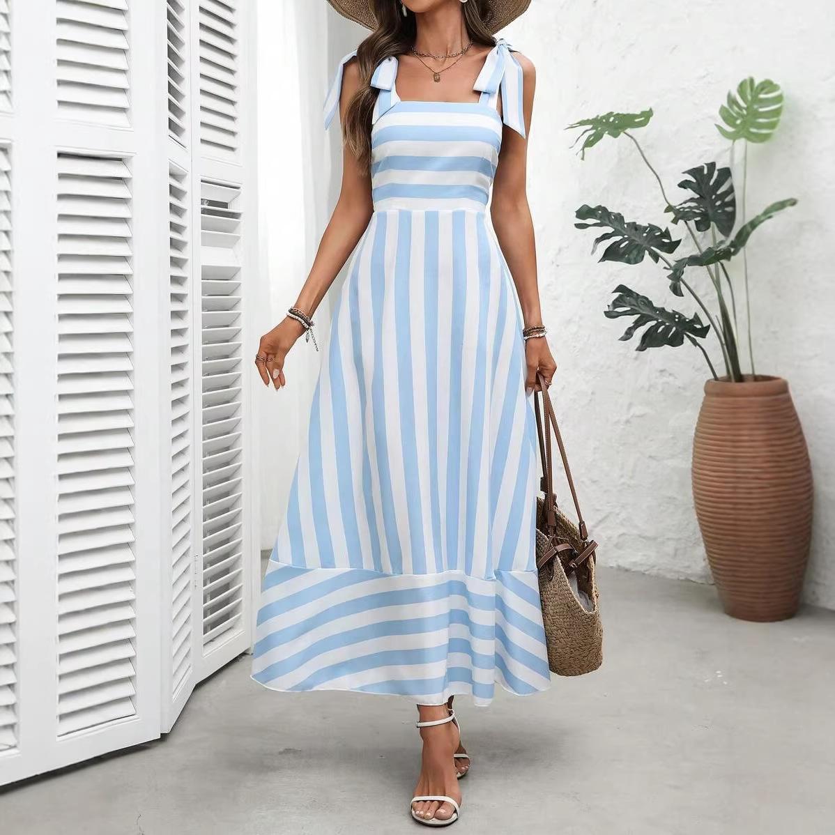 Летнее полосатое пэчворк платье-сарафан с подтяжками, высокая талия, свежая сладкая юбка 2026 S синий