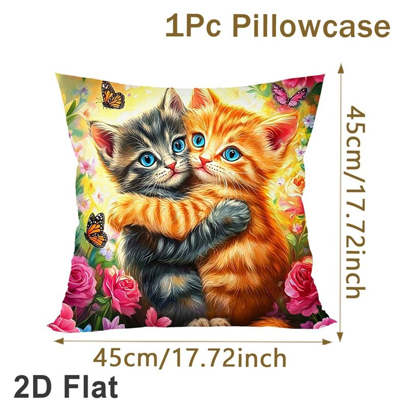 Cute Kitten Pillowcase 45x45cm Peach Skin Fabric Floral Butterfly Cushion Cover Home Decor Pet Lover Gift No Pillow Core