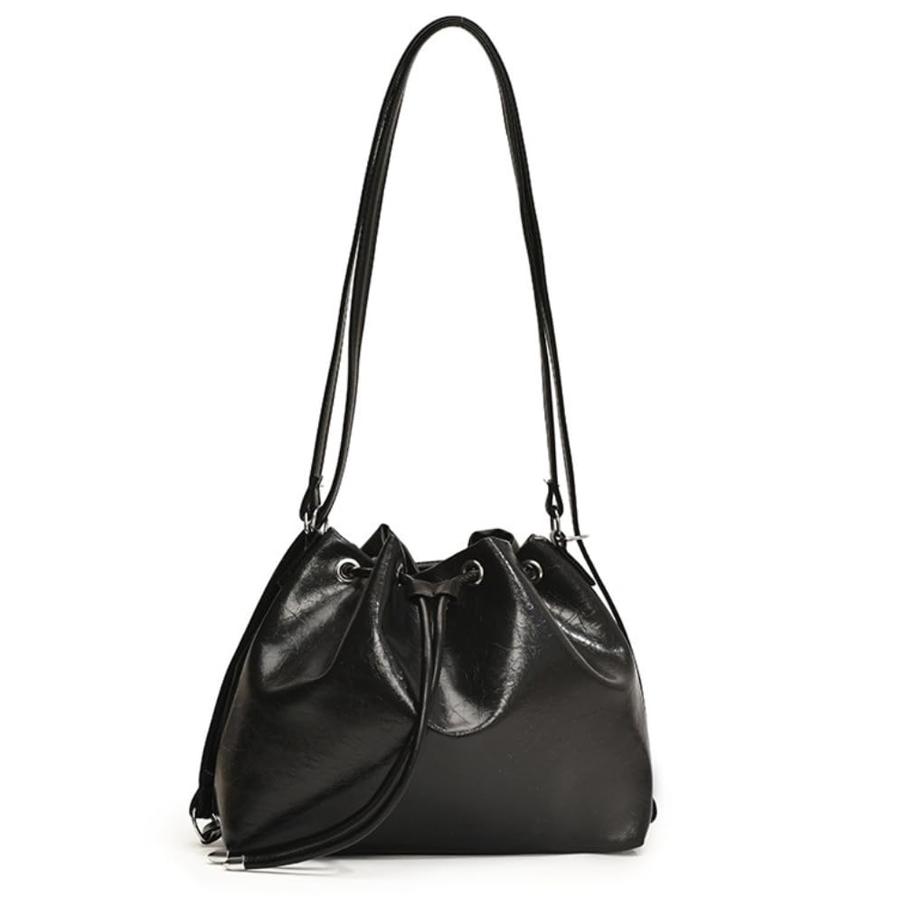 

ALVEIN Drawstring Bag, Shiny Mini Backpack, 2-Way Lightweight Shoulder Bag, Small, Women s, Crossbody, Compact, Metallic (Black)