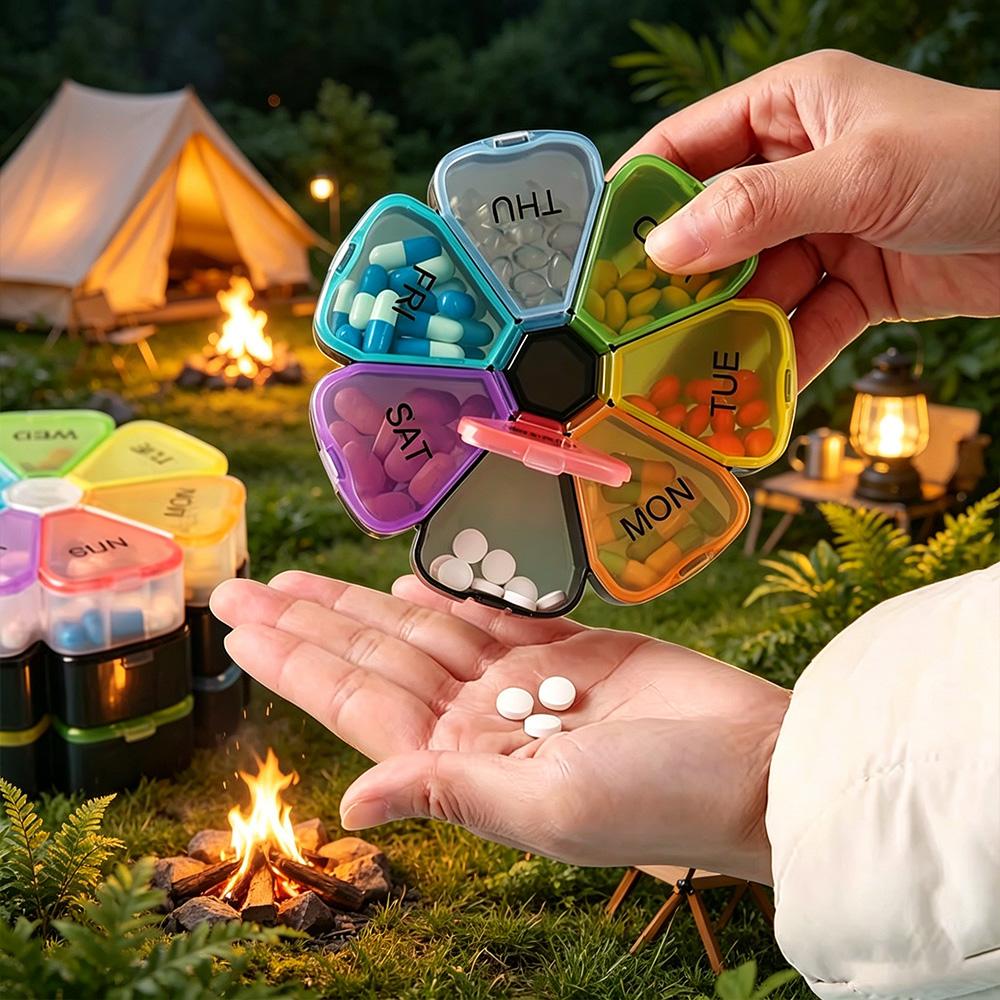 7‑Compartment Rainbow Color Pill Case, Lightweight Portable Medicine Container for Camping, Hiking, Daily Use & Travel Storage