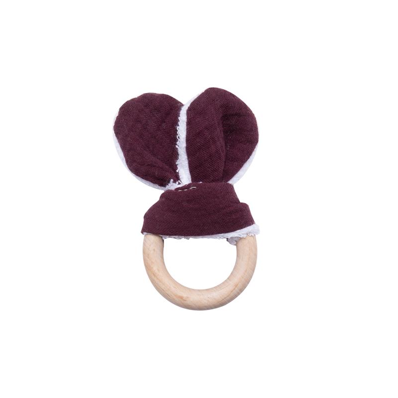 100% Cotton Baby Bunny Ear Teether Rabbit Beech Wooden Rattle Teether Safe Organic Wooden Ring Nursing Training Teethers Toy