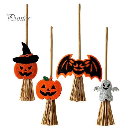 Decorative Straw Broom Props Halloween Mini Broomstick Ornament, Witch Pumpkin Bat Ghost Decor with Natural Grass Double-layer Glitter Felt
