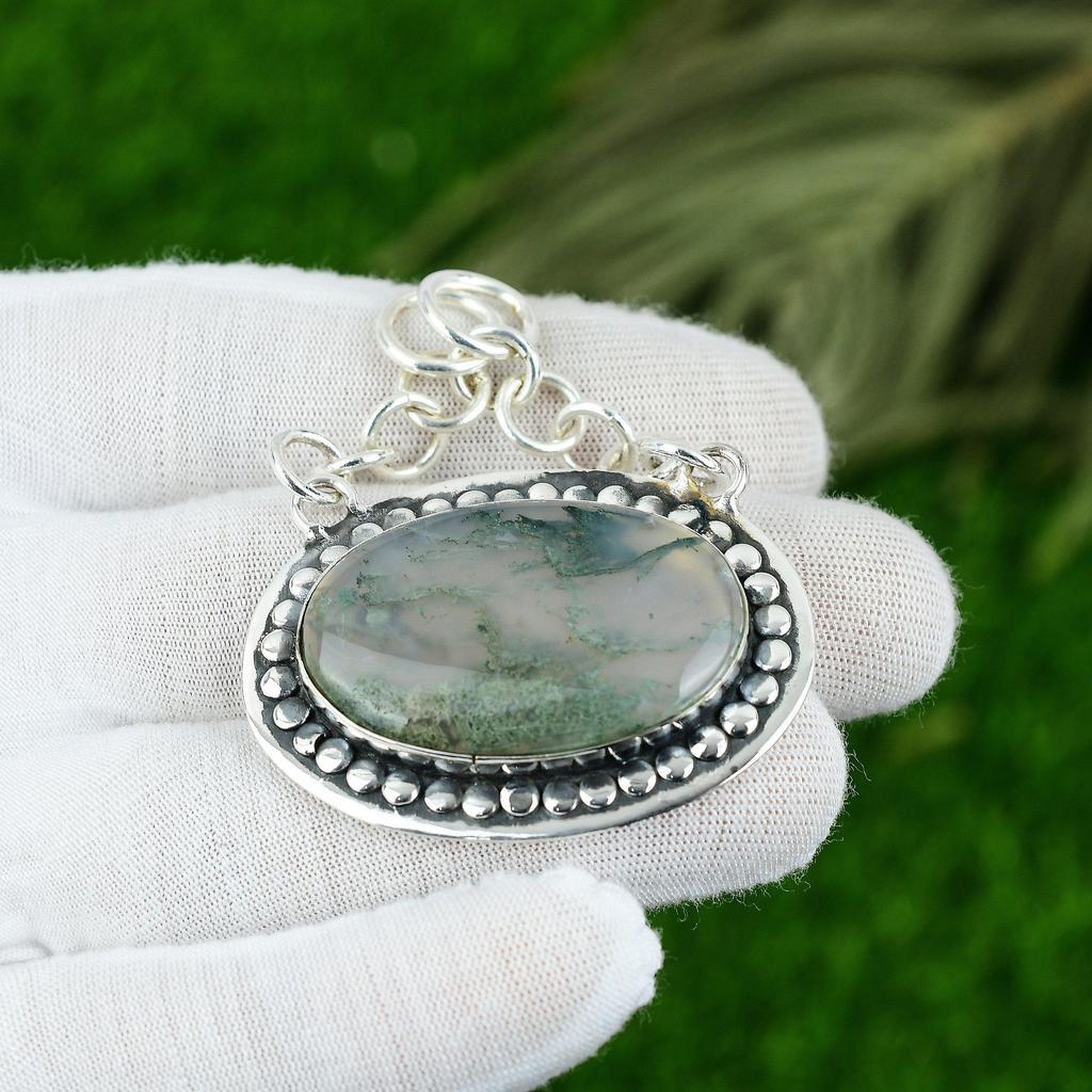 Gift For Women Pendant 925 Sterling Silver Natural Solar Moss Agate Gemstone