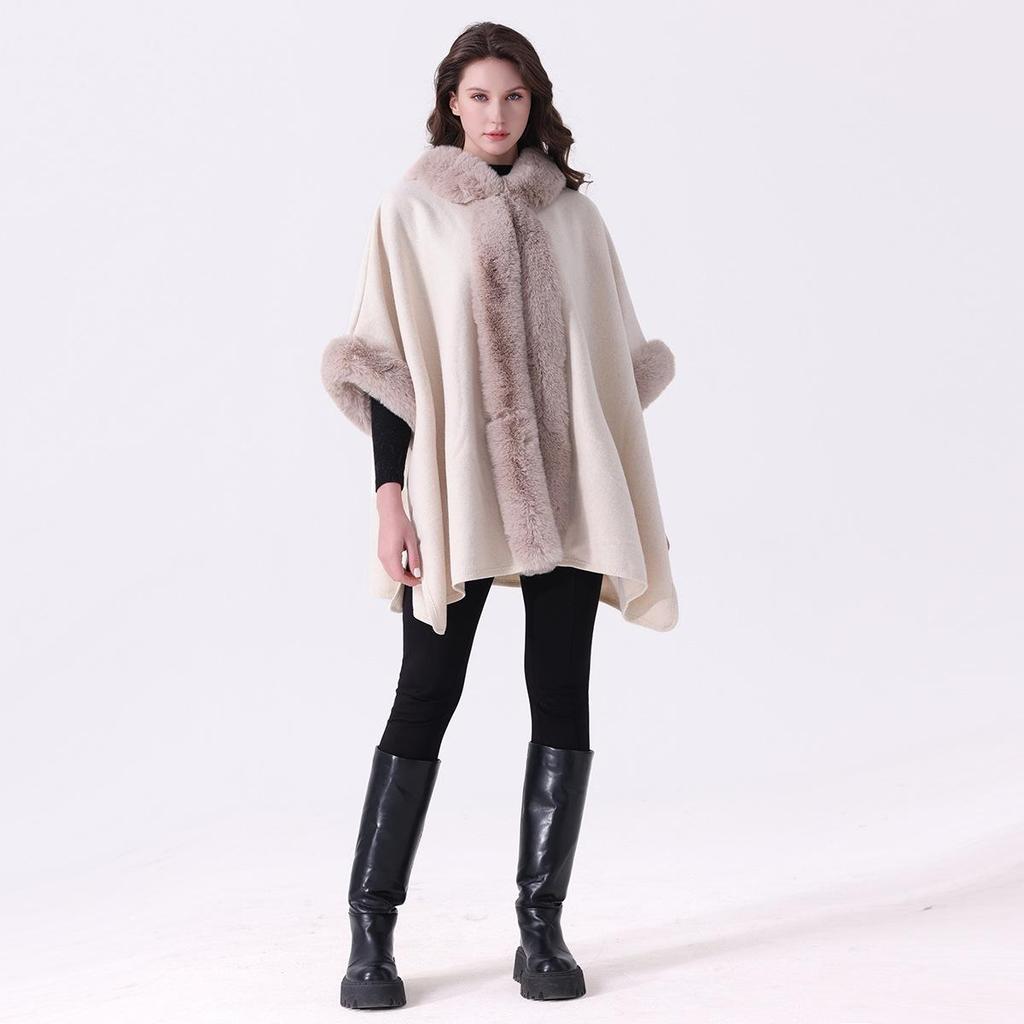 European & American Autumn/Winter Faux Rabbit Fur Hooded Shawl Women's Woolen Plus Size Cardigan Cape