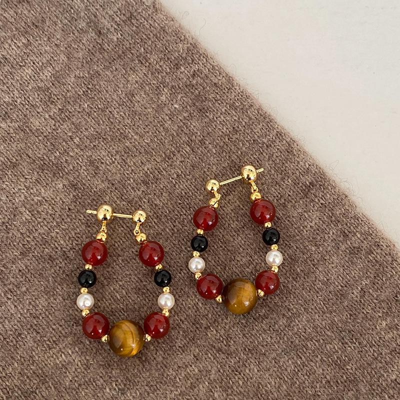 Merade Silver Needle Black Agate Tiger Eye Pearl Stud Earrings - Retro Light Luxury Design