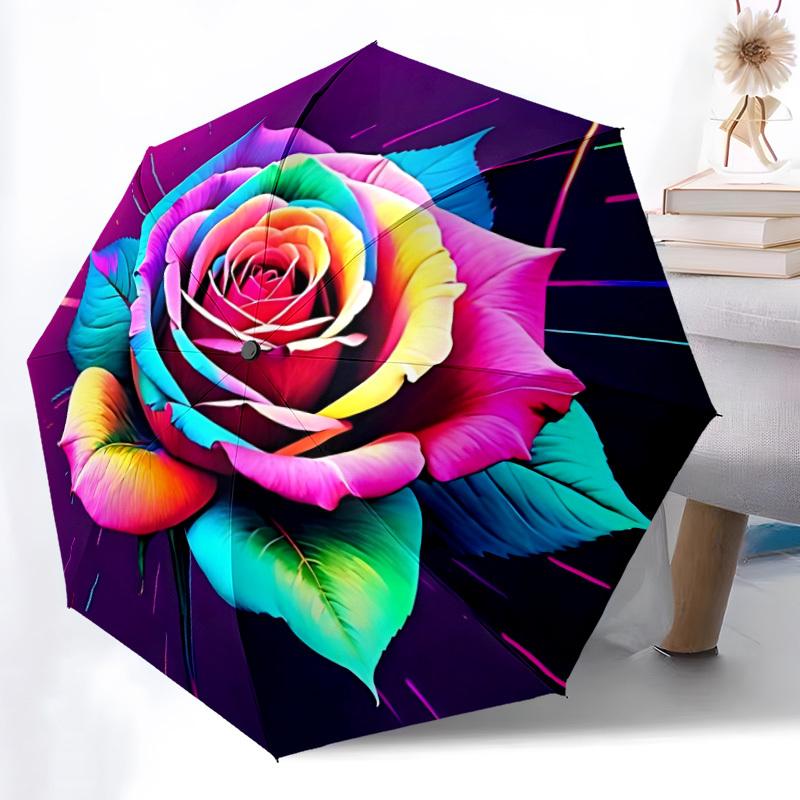1pc Rainbow Rose Print Automatic Folding Umbrella - Portable Collapsible Design, 8-Rib Iron Frame, Durable Fabric yy251125112