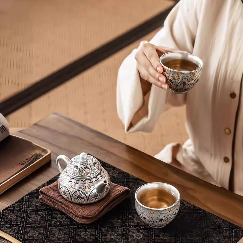 Cha Xun Enamel Gilded Silver Ceramic Tea Set - Lotus & Phoenix (1 Pot, 2 Cups)