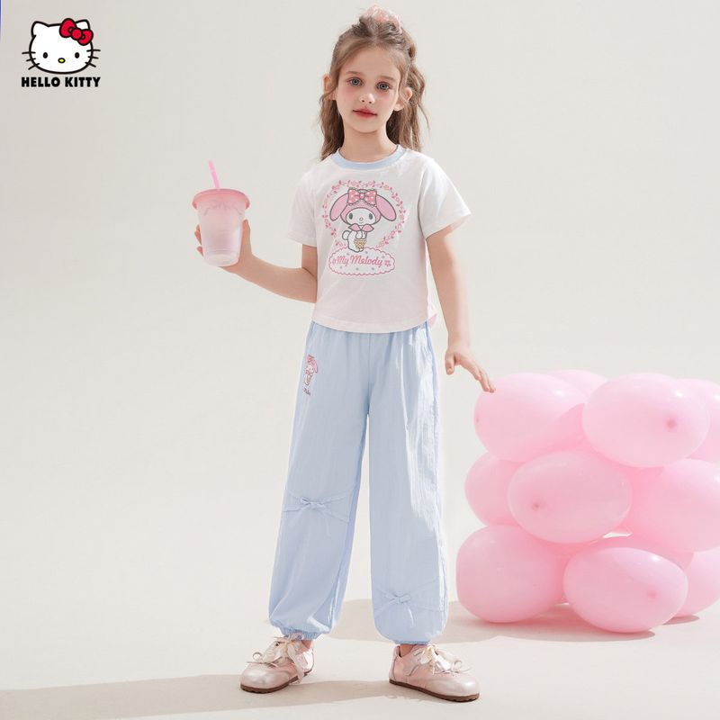 Hello Kitty Girls' Summer Outfit 2025 New Stylish Fashionable Children's Short-Sleeve T-Shirt for Older Girls with Mosquito-Repellent Pants