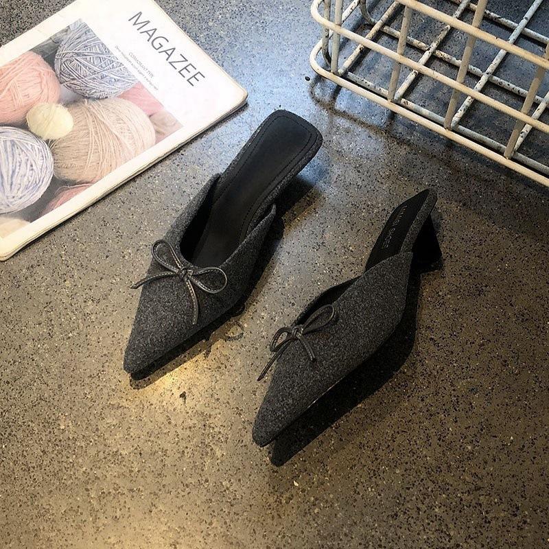 Bow temperament bag head half slippers, wearing new light mouth pointed thick heel sandals