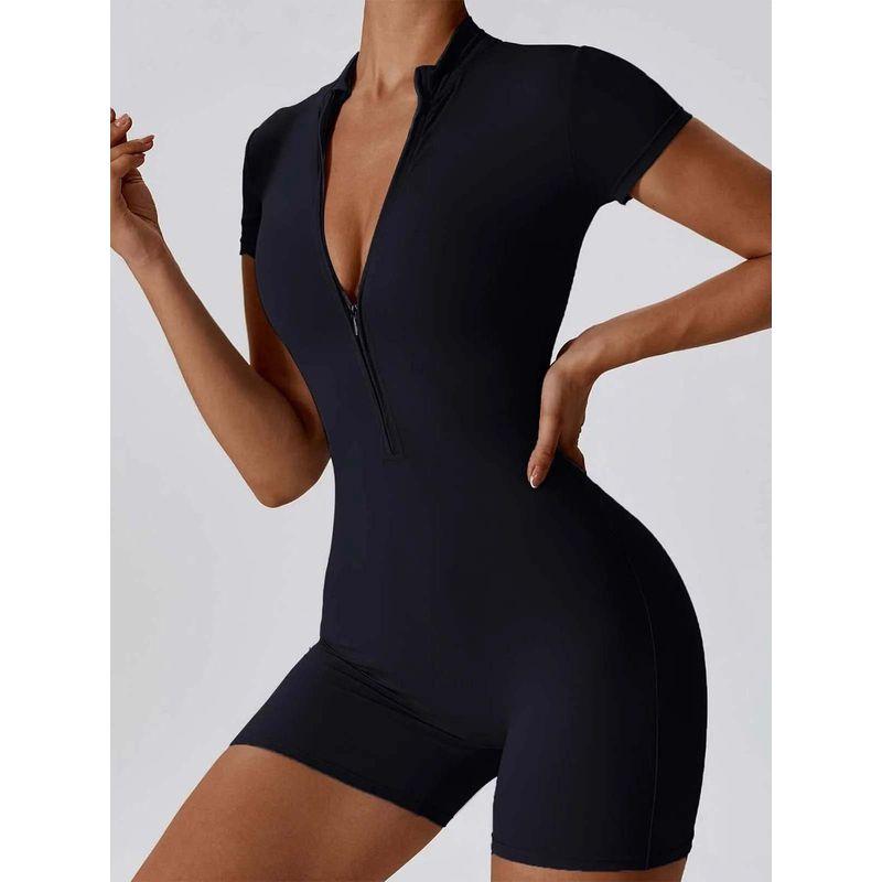 Half Zip Short Sleeve Jumpsuit Shorts Half Zip Short Sleeve One-Piece Shorts