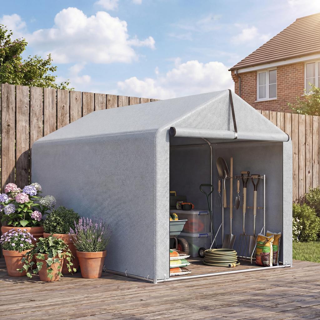 Garden Shed Storage Tent, Motorcycle Shelter, Roll-Up Door, 162 x 221.5 x 163 cm, Light Grey