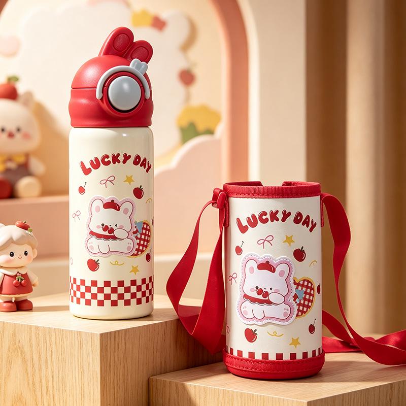 Cartoon leather cup cover bouncing 111 stainless steel thermos cup kindergarten baby drinking cup double cover straw cup
