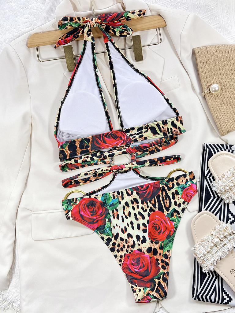 Leopard Floral Metal Ring Wrap Around Cut Out Monokini One Piece Swimsuit Women Swimwear Female Bather Bathing Suit Swim K3713