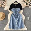 Younger Korean Style Dress French Denim Fake Two-Piece
