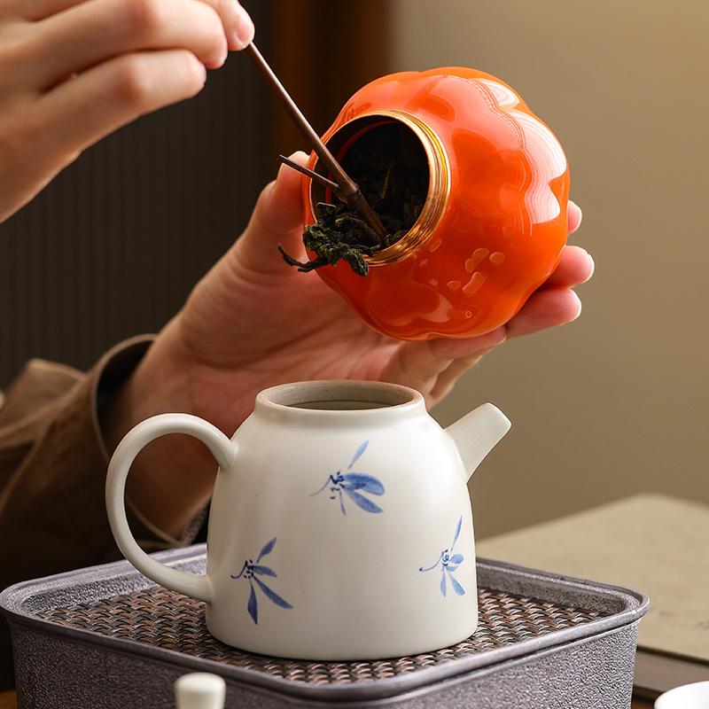 Modern Lantern Pumpkin-shaped Ceramic Tea Caddy Minimalist Spice Pill Storage Jar with Alloy Lid Sealed Moisture-proof Container