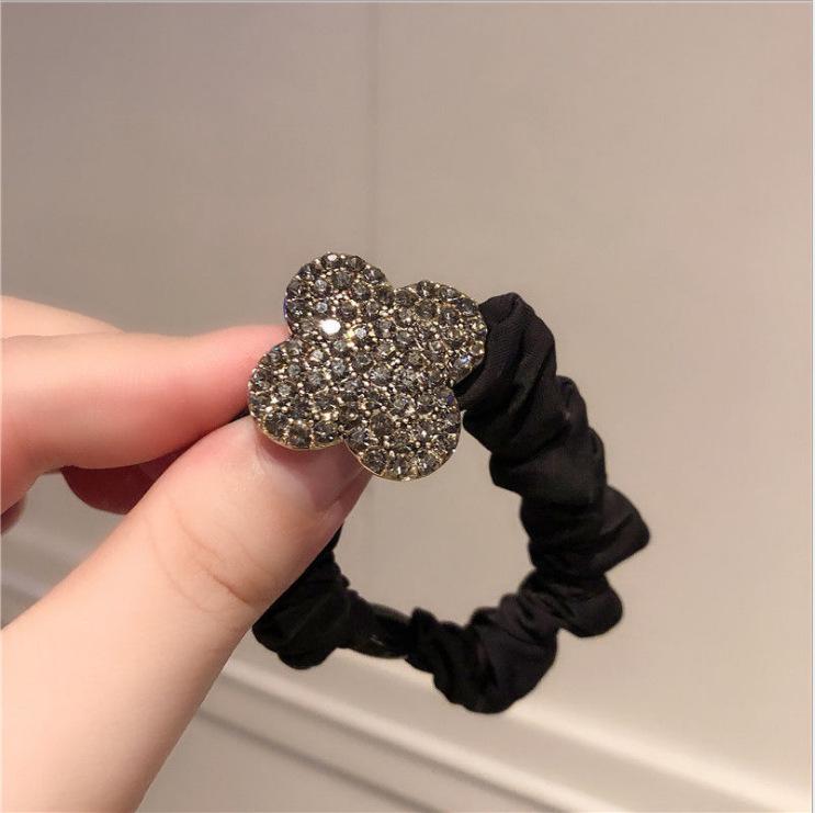 Korean Crystal Diamond Four-Leaf Clover Hair Band - Hair Tie and Ponytail Holder with Leather Case.