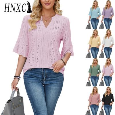 Bluse e Camicie Casual Moda Donna HNXC Stampa Colore Unico Manica 2/1 Scollo a V