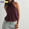 Women Puffy Halter Top Bubble Hem Pleated Halterneck Tank Top Elegant Sexy Backless Going Out Crop Camisole