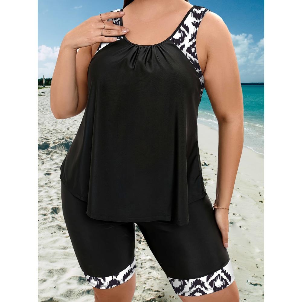Plus Size Modest Tankini Set, Women's Plus Graphic Print Round Neck Tank Top & Shorts Swimsuit 2 Piece Set