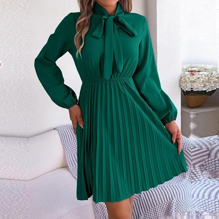 Elegant Høst Vinter Dame Snøring Høy Midje Langermet Plissert Ensfarget Kjole
