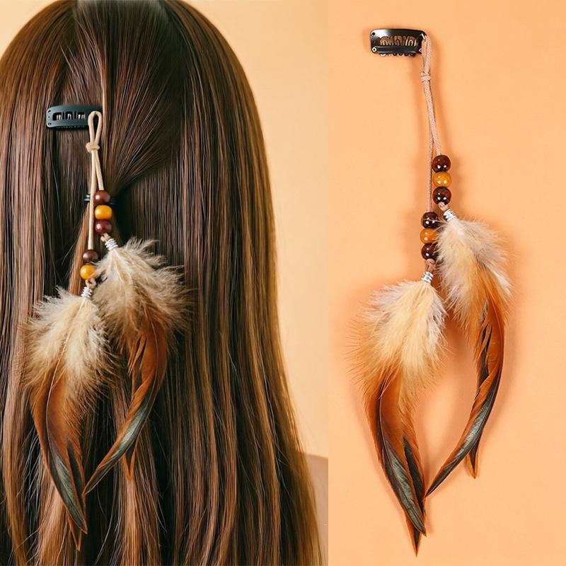 Vintage Feather Hair Accessory, Long Bohemian Fringe Headband With Beads, Handmade Festival Hair Clip For Women