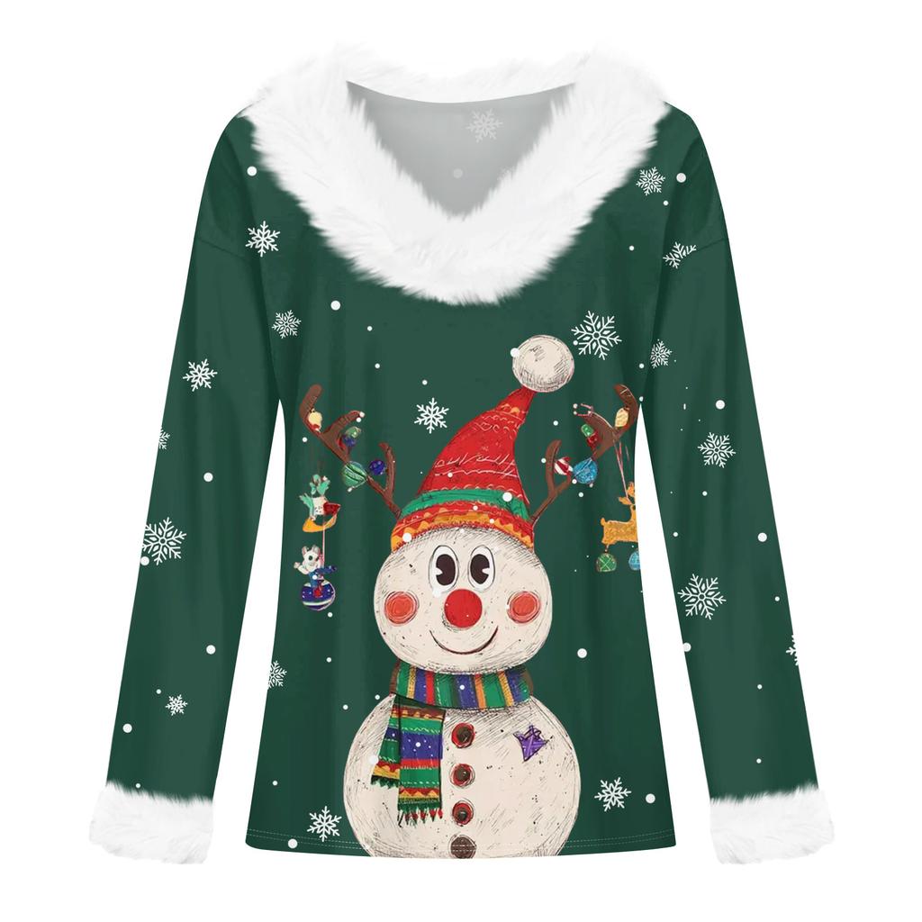 Women's T Shirt Tee Christmas Shirt Long Sleeve Party Christmas Print Fleece Collar V Neck Top