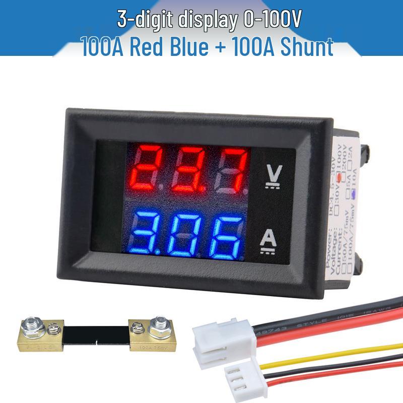 Digital LED DC Current Voltage Meter, Dual Display: 0-100V/200V, 10A/50A/100A Ammeter